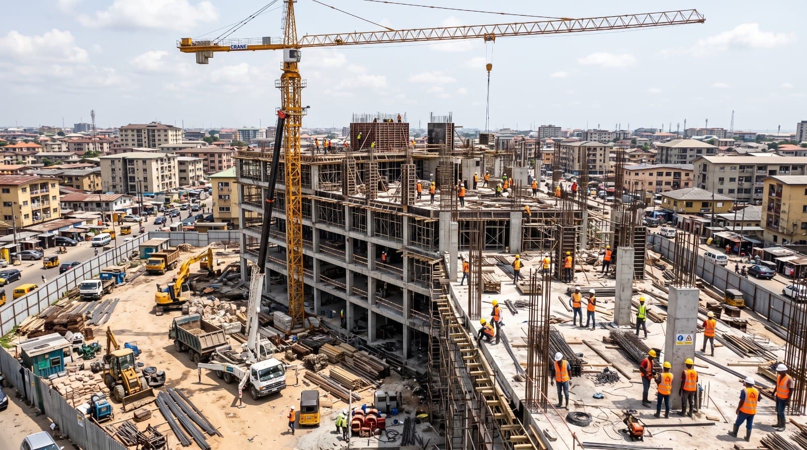Aerial view of a building under construction with tower cranes