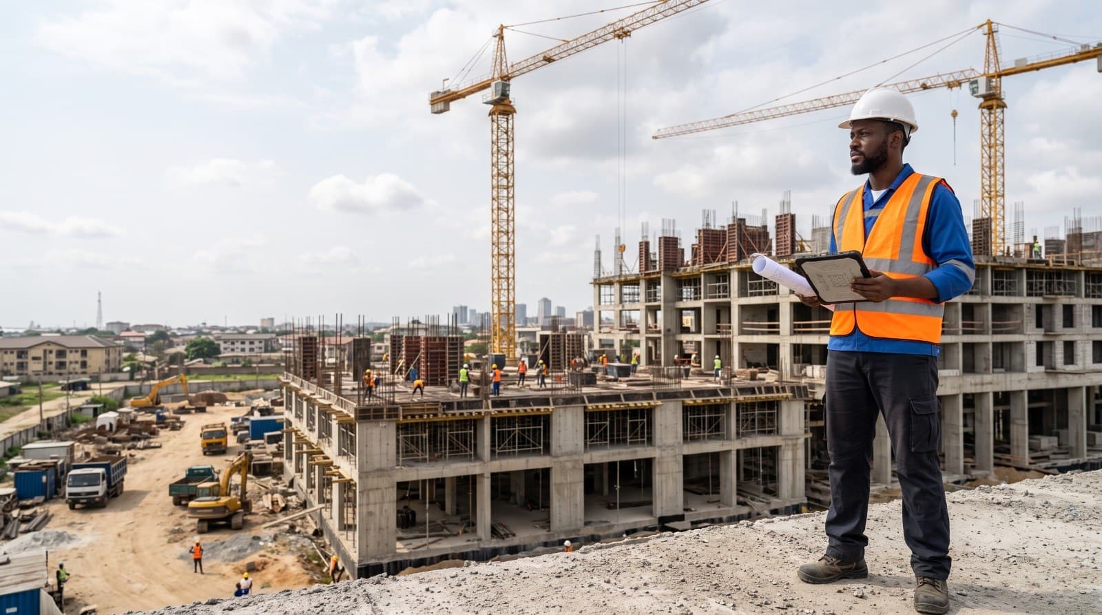 Engineer overseeing a multi-storey construction site