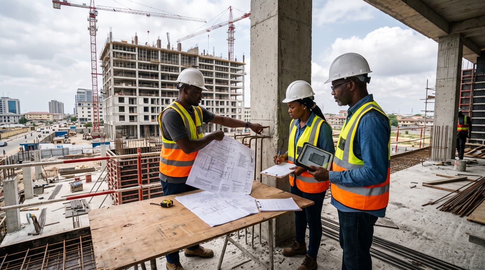 Engineers reviewing construction drawings together on site